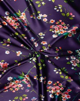 Satin with flowers print on backgroud Purple - Tissushop